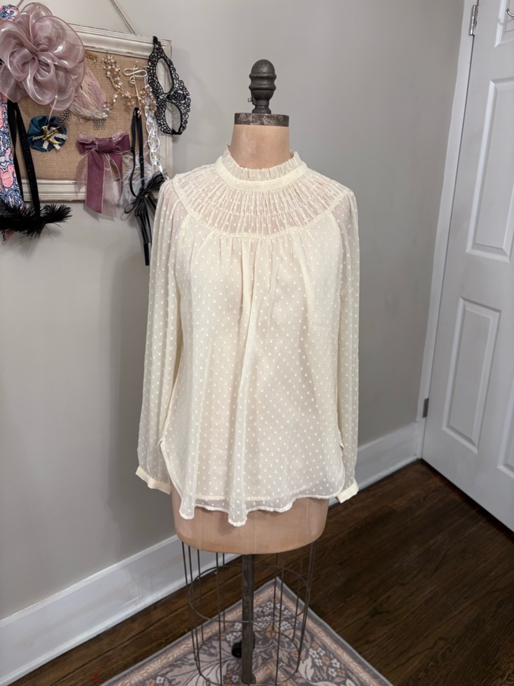 Loft Sheer Swiss Dot High-Neck Blouse - Cream